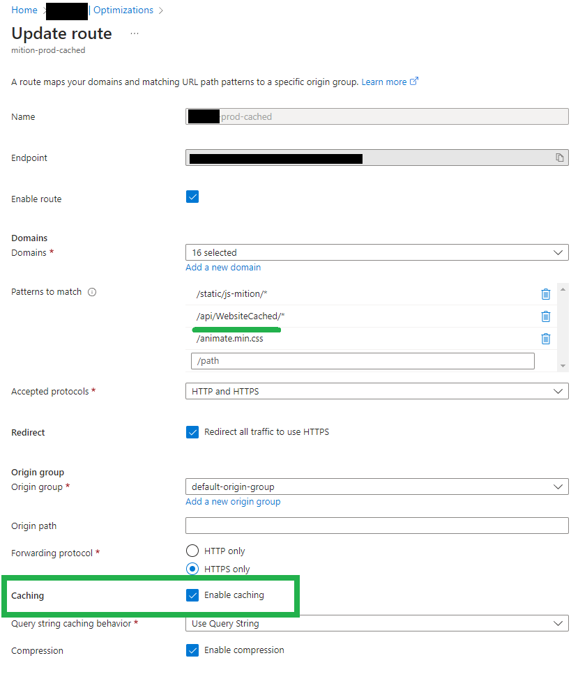 How to turn caching on Azure Front Door